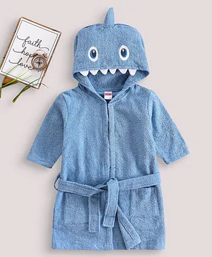 Babyhug Woven Terry  Full Sleeves Hooded Bath Robe Shark Design - Blue