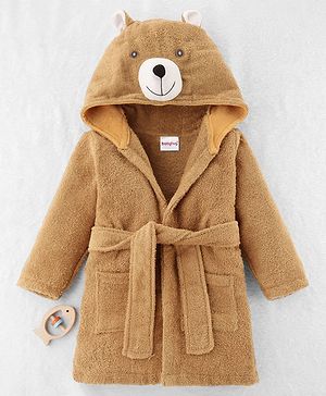 Babyhug Woven Terry Full Sleeves Hooded Bath Robe Teddy Design - Brown