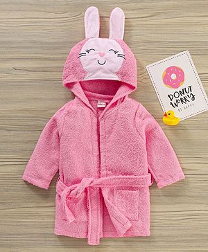 Babyhug Bunny Woven Full Sleeves Terry Bath Robe - Pink