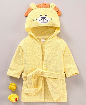 Babyhug Three Fourth Sleeves Woven Terry Hooded Bath Robe Lion Design - Yellow