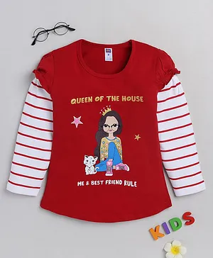 Nottie Planet Full Striped Sleeves Queen Of The House Girl With Cat Printed Tee - Red