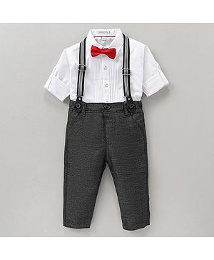 Jash Kids Full Sleeves Solid Color Shirt with Bow and Trouser with Suspender Set - White Grey