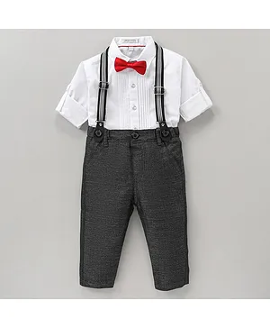 Jash Kids Full Sleeves Solid Color Shirt with Bow and Trouser with Suspender Set - White Grey