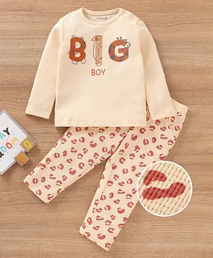 Babyoye Cotton Waffle Knit Full Sleeves T-Shirt & Lounge Pant Set Text Print - Peach