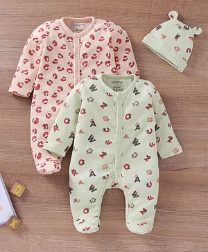 Babyoye 100% Cotton Full Sleeves Text Printed Sleepsuit Pack Of 2 - Multicolour
