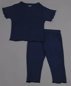 Taatoom Half Frilled Sleeves Striped Self Design Night Suit - Navy Blue