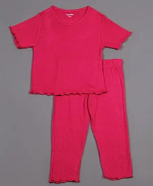Taatoom Half Frilled Sleeves Striped Self Design Night Suit - Pink