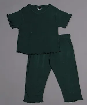 Taatoom Half Frilled Sleeves Striped Self Design Night Suit - Green