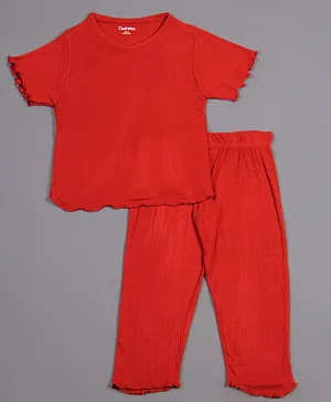 Taatoom Half Frilled Sleeves Striped Self Design Night Suit - Red