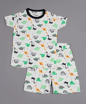Taatoom Short Sleeves All Over Dinosaur Printed Night Suit - Off White