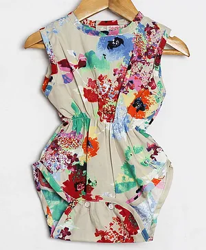 Qvink Sleeveless All Over Abstract Floral Printed Romper - Multi Colour