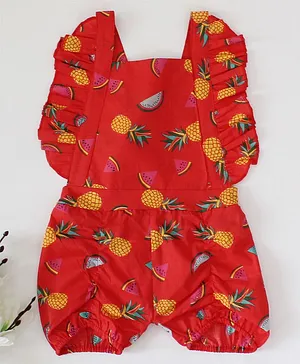 Qvink Flutter Cap Sleeves All Over Pineapple & Watermelon Slice Printed Romper - Red