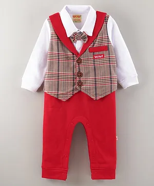 Wow Clothes Cotton Woven Full Sleeves Romper with Checkered Waistcoat & Bow - Red