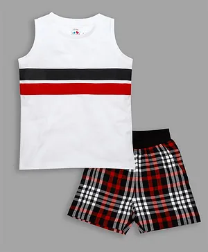 Ventra Sleeveless Stripe Detail Tee With Checks Shorts Set - White Red & Black