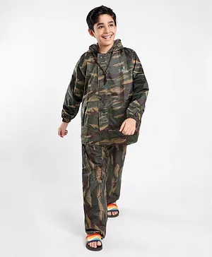 Clownfish Polyester Full Sleeves Double Coating Reversible Camouflage Printed Raincoat - Green