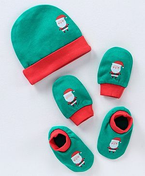 Babyhug 100% Cotton Cap Mittens & Booties Set Santa Print Green - Circumference 32 cm