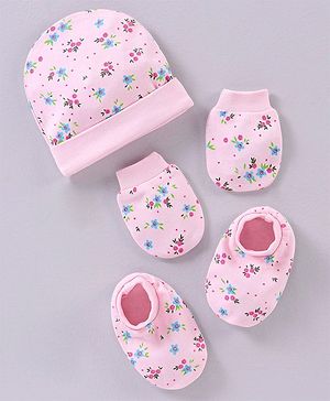 Babyhug 100% Cotton Cap Mittens & Booties Set Floral Print Pink - Circumference 32 cm
