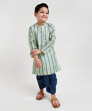 Babyhug 100% Cotton Full Sleeves Kurta and Dhoti Set Zig Zag Print - Beige & Navy