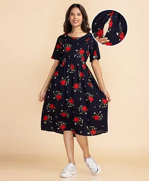Bella Mama Three Fourth Sleeves Printed Flared Dress - Navy