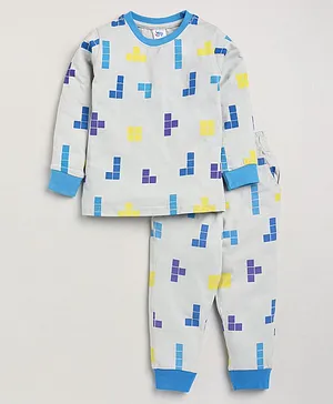DEAR TO DAD Full Sleeves All Over Lego Puzzle Printed Night Suit - Blue