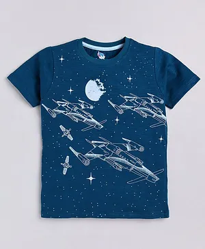 DEAR TO DAD Half Sleeves All Over Stars & Spaceship With Moon Printed Tee - Navy Blue
