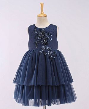 Babyhug Sleeveless Party Wear Frock With 3D Floral Applique - Navy
