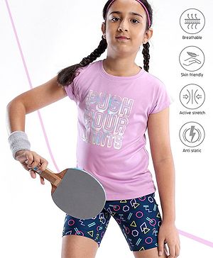 Pine Active Stretchable Half Sleeves T-shirt and Cycling Shorts Set Printed - Blue Pink