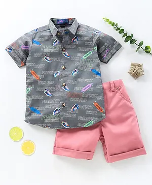 Knotty Kids Half Sleeves Sneaker & Skate Board Printed Shirt & Solid Shorts Sets - Grey & Pink