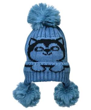 Tiekart Cat Design Warm Winter Wear Bobble Cap - Blue