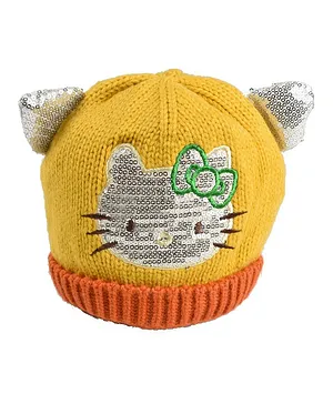Tiekart Cat Design Sequins Embellished  Woolen Cap - Yellow