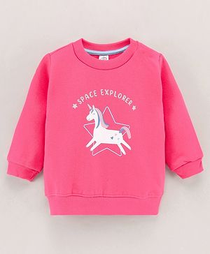 Zero Full Sleeves Fleece Sweatshirt  Loose Fit Unicorn Print Pink