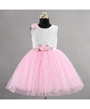 Bluebell Sleeveless Lace Detailing & Floral Applique Glittery Party Frock - Pink