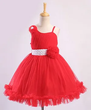 Bluebell Sleeveless Sequins & Floral Applique Party Frock - Red