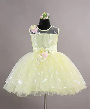 Bluebell Sleeveless Floral Applique Glittery Party Frock - Yellow