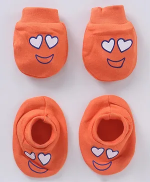 Simply Cotton Knit Interlock Mittens and Booties Set Funny Face Print - Orange