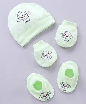 Simply Cotton Cap Mittens and Booties Set Monkey Face Print Green - Diameter 10 cm