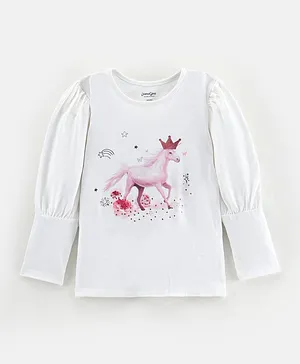 Primo Gino Cotton Elastane Full Sleeves T-Shirt With Digital Print & Diamonte - White