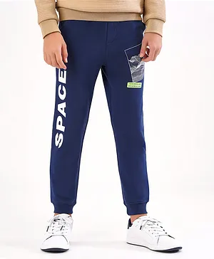Primo Gino Full Length Cotton Trackpant Text Print - Blue