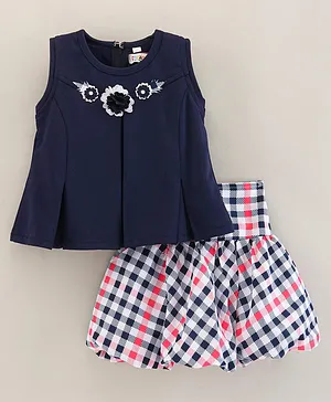 Enfance Sleeveless Pearl & Flower Applique Pleated Top With Checkered Skirt  - Navy Blue