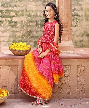 Pine Kids Sleeveless Sequined Choli & Ethnic Print Lehenga with Dupatta Set - Red