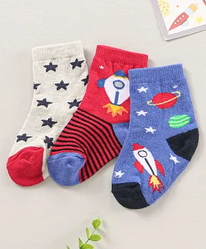 Cute Walk by Babyhug Ankle Length Antibacterial Socks Pack Of 3 Spaceship Design - Multicolour