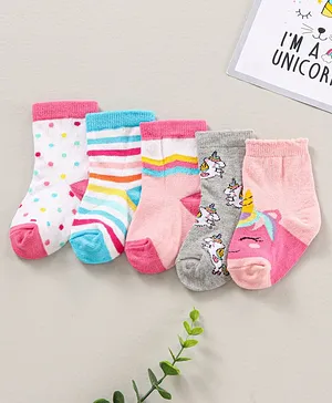 Cute Walk by Babyhug Ankle Length Antibacterial Socks Pack Of 5  Striped & Unicorn Design - Multicolour