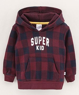 Simply Full Sleeves Hooded Checked Sweatshirt Text Print - Blue Red