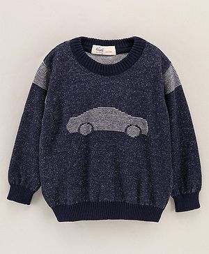 Simply Full Sleeves Sweater Car Print - Navy Blue