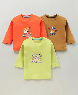 Kidi Wav Pack Of 3 Full Sleeves Giraffe & Bear With Car Printed Tees - Orange & Brown