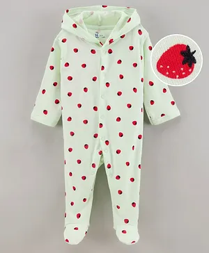Pink Rabbit Cotton Full Sleeves Hooded Sleep Suit with Foot  Strawberry Print - Light Green
