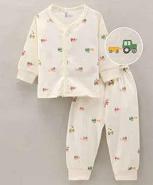 Pink Rabbit Cotton Jersey Full Sleeves Night Suit Vehicle Print - Off White
