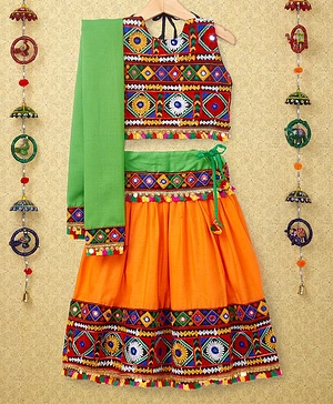 Banjara India Navratri Theme Sleeveless Kutchi Embroidered Chaniya Choli With Dupatta - Orange