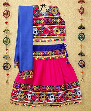 Banjara India Navratri Theme Sleeveless Kutchi Embroidered Chaniya Choli With Dupatta - Pink