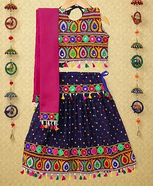 Banjara India Navratri Theme Sleeveless Kutchi Embroidered Chaniya Choli With Dupatta - Navy Blue